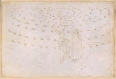 La Divina Commedia, Paradiso XXIII. Osmá sféra (nebe s pevnými hvězdami): Vize Kristova triumfu; Dante vidí Beatrice v její skutečné podobě; Mariánský tanec a dvanáct apoštolů od Sandro Botticelli