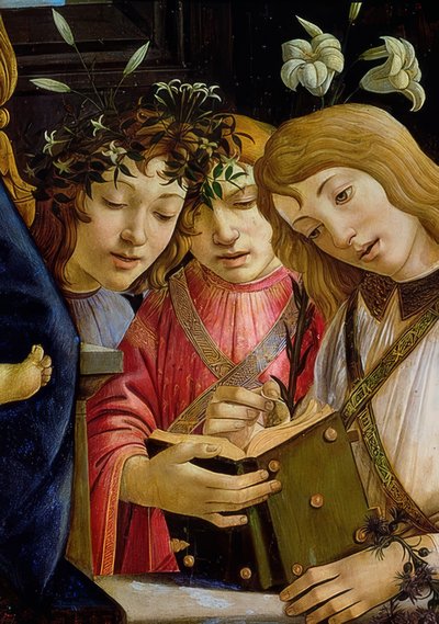Marie s dítětem, Jan Křtitel a andělé. Detail. Kolem roku 1490 od Sandro Botticelli
