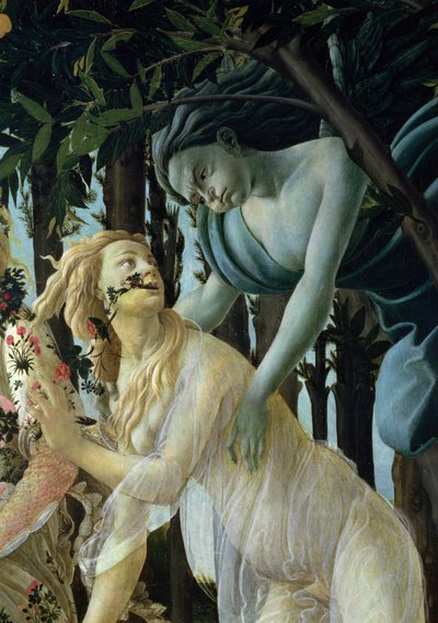 Primavera: Detail tempery Zephyr a Flora na panelu od Sandro Botticelli
