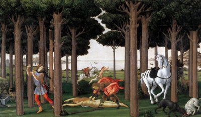 The Story of Nastagio degli Onesti Druhá epizoda, cca 1483 od Sandro Botticelli