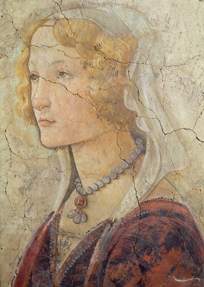 Venuše a tři grácie nabízející dary dívce, detail dívčí hlavy, 1486 freska detail z 33760 viz také 93892-93894 od Sandro Botticelli
