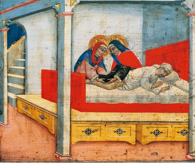 Svatí Kosmas a Damián přikládají Etiopanovu nohu k sakristiánu (zázrak etiopské nohy), výjev z predely Madony s dítětem s anděly a svatými, od Sano di Pietro (1405-1481), panel od Sano di also Ansano di Pietro di Mencio Pietro