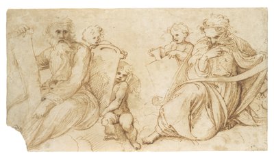 Dva proroci se svitky sedící s putti držícími tablety od Sanzio of Urbino Raphael
