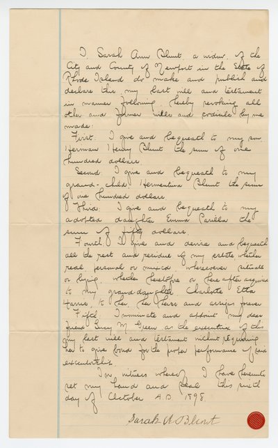 Poslední vůle Sarah Ann Blunt Crozley, říjen 1898. od Sarah Ann Blunt Crozley
