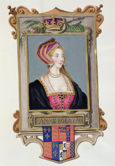 Portrét Anny Boleynové (1507-36), druhé královny Jindřicha VIII., jako mladé ženy z knihy "Memoáry ze dvora královny Alžběty", vydané v roce 1825 (kvaš a čb na papíře) od Sarah Countess of Essex