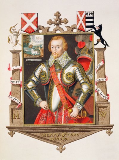 Portrét Henryho, 5. lorda Windsora (1562-1615) z „Paměti dvora královny Alžběty“, vydané v roce 1825 (wc a kvaš na papíře) od Sarah Countess of Essex