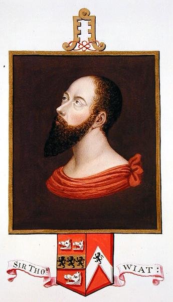 Portrét sira Thomase Wyatta staršího (asi 1503-1542) z „Paměti dvora královny Alžběty“ po panelu Hanse Holbeina mladšího (asi 1485-1543), publikovaného v roce 1825 (akvarel a kvaš na papír) od Sarah Countess of Essex