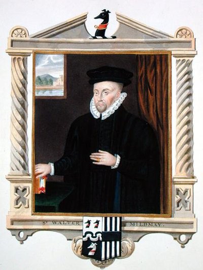 Portrét sira Waltera Mildmaye (asi 1520–1589) z „Paměti dvora královny Alžběty“ podle portrétu sira Williama Segara († 1633), publikovaného v roce 1825 (akvarel a kvaš na papíře) od Sarah Countess of Essex
