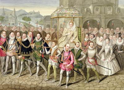 Královna Alžběta I. v průvodu se svými dvořany (asi 160003) z „Paměti dvora královny Alžběty“ po oleji připisovaném Robertu Peakeovi (asi 1592–1667) na zámku Sherborne, publikovaném v roce 18 od Sarah Countess of Essex