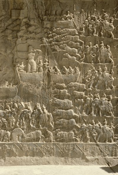 Královský lov na kance, možná zobrazující Khosrow II vystřelující šíp z člunu, reliéf ze strany aivanů, kolem 620 od Sasanian School