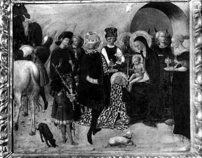Klanění tří králů (tempera na panelu) (černobílá fotografie) od Sassetta (c.1392 1450)