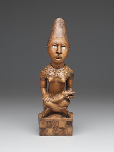 Sedící ženská postava s dítětem (pfemba) Yombe Group, Kongo Peoples (dřevo, sklo nebo slída a skvrna) od School African