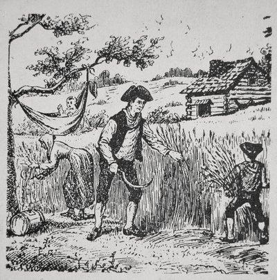 Rodina sklízející kukuřici (litho) od School American