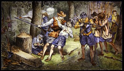 Obrana kojenecké osady před indiánským útokem v kolonii Jamestown ve Virginii v roce 1607 (barevné lito) od School American