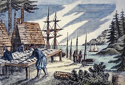 Rybáři sušící tresku v Nové Anglii, z dřevorytu ze 17. století (barva litho) od School American