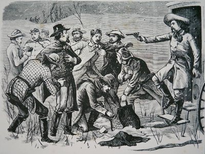Čtyři bandité přemohli a vydrancovali dva důstojníky a sedm vojáků poblíž Bismarcku, Dakota Territory, z 