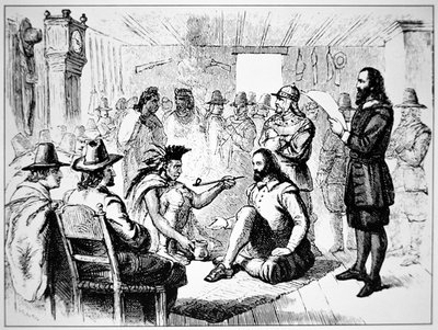 Massasoit, náčelník lidu Wampanoag, rozšiřuje dýmku míru až k Johnu Carverovi v roce 1621 (litho) od School American