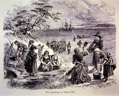 Pilgrim Fathers Land v Americe v roce 1620 - Přistání na Cape Cod ukazuje ženy při práci (litho) od School American