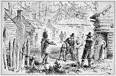 Samoset, náčelník Pemaquidů navštěvuje Otce poutníky v roce 1621 (litho) od School American