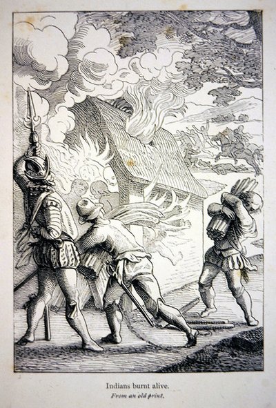 Španělé v Americe vypalují indiánskou vesnici (litho) od School American