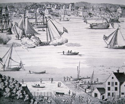 Pohled na East River, New York c.1750 s centrem stavby lodí (litho) od School American