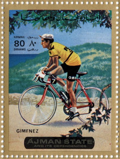 Razítko SAE představující cyklistu Julia Jimeneze (Ne 1934) od School Arabic