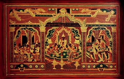 Detail truhly s rukopisem z Myanmaru (lakované dřevo) od School Burmese