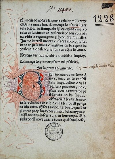 Inc 1228 Psalter of Boniface Ferrer, opraveno Jaime Borrellem, vytištěno Nicolausem Spindelerem v Barceloně v roce 1480 (tisk a inkoust na papíře) od School Catalan