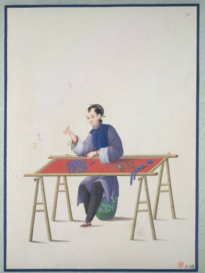 Žena vyšívání, cca 1800 (akvarel na papíře) od School Chinese