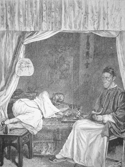 Čínští kuřáci opia, rytina z roku 1875 (litho) od School Chinese