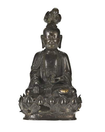 Postava Guanyin, čínské bohyně milosrdenství sedící na lotosovém podstavci s havranem posazeným na hlavě a králíkem spočívajícím v levé ruce od School Chinese