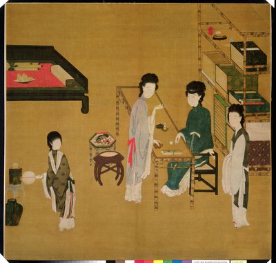 Interiérová scéna, konec 18. nebo 19. století (čínský černý inkoust a silně nanesené pigmenty na hedvábí) od School Chinese
