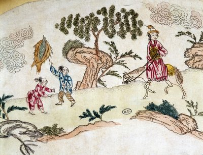 Vznešená žena na koni a děti hrající na draka - čínský tisk, cca 1800 od School Chinese
