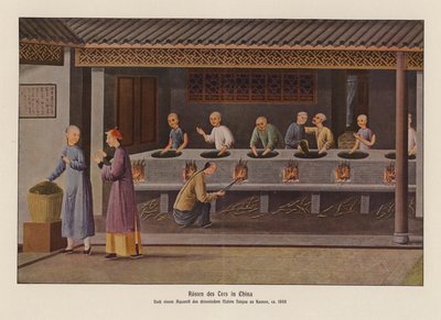 Pražení čaje v Číně (barevná litografie) od School Chinese