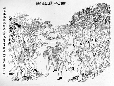 Boxerské povstání: Evropané bojující proti boxerům. Ilustrace publikovaná v Shanghai Journal Toung-Ouen-Hou-Pao. circa 1899. od School Chinese