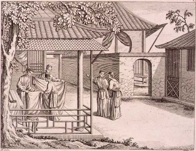 „Prodej hedvábí poté, co je tkané“, Čína, konec 18. století (dřevořez) od School Chinese