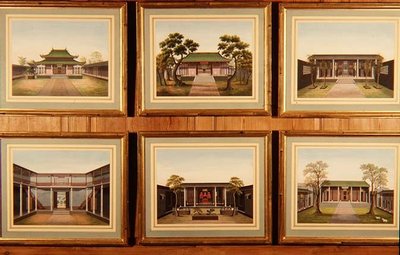 Sada šesti čínských pavilonů a scén na nádvoří, cca 1780 (akvarel) od School Chinese
