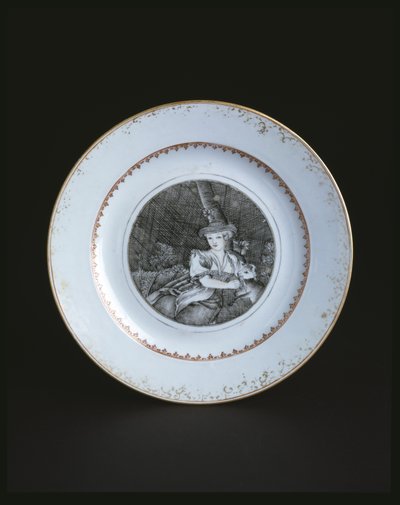 Bílý talíř lemovaný zlatou a červenou ženou (porcelán) od School Chinese