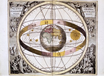 Ptolemaiovský, geocentrický systém vesmíru se soustředěním na Zemi, znázorňující polohu Slunce, Měsíce a planet, z knihy "Harmonia Macrocosmica" od Andrease Cellaria, Amsterdam. od School Dutch