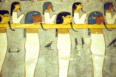 Starověký Egypt, malba, bohové podsvětí přivázaní k Hathor, božská kráva, tažení sluneční bárky, hrobka Ramesse I., Théby od School Egyptian