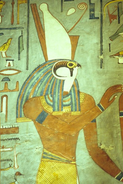 Starověký Egypt, malba, Horus, bůh se sokolí hlavou, bůh králů, hrobka Ramesse I., Théby od School Egyptian