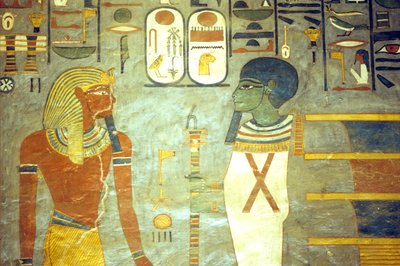 Starověký Egypt, malba, Ramesse I. před Ptahem, za nímž je sloup djed, hrobka Ramesse I., Théby od School Egyptian