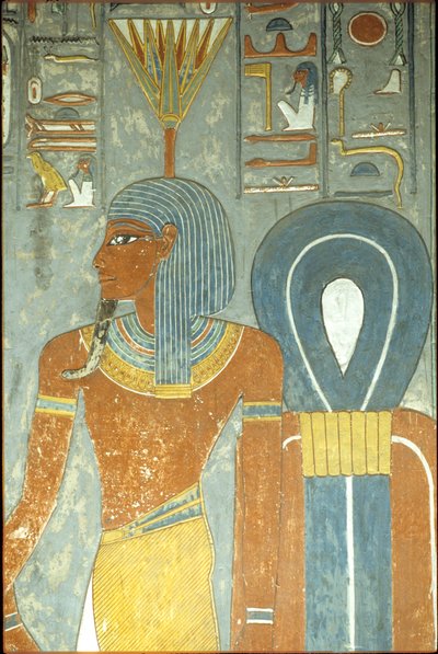 Starověký Egypt, malba, Horemhebova hrobka, Théby 18. dynastie, bůh Nefertum a Isidin uzel, Nefertum nebo Nefertem s čelenkou z leknínu nebo lotosu (foto) od School Egyptian