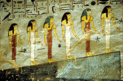 Starověký Egypt, malba, Hrobka Ramesse I., Théby, Šest bohyň představujících prvních šest hodin noci, vystupujících na horu, pod níž je jezírko. od School Egyptian