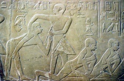 Starověký Egypt, Reliéf, Starší vesnice nuceni přiznat úředníkům chybné daňové přiznání, Merereukina hrobka, 6. dyn (foto) od School Egyptian