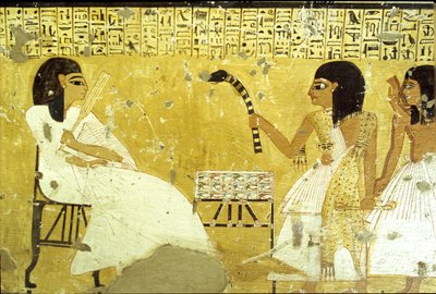 Starověký Egypt, Inherkhauova hrobka, Théby, Inherkhau před svými syny vykonávajícími kněžské povinnosti, V leopardí kůži, Nástěnná malba, Údolí šlechticů, 20. dynastie (foto) od School Egyptian