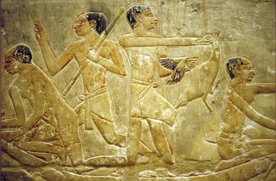 Starověký Egypt, Nástěnné řezby/malby, Mastaba/Hrobka v Idútu, Sakkára/Saqqara, Lapání ptáků v bažině, 6. dynastie (foto) od School Egyptian