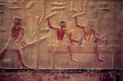 Starověký Egypt, Řezbářství/malířství, Mastaba/Tomb of Ti, Sakkára, 5. dynastie, Tesaři pilují a zatloukají, Tvarování trámu (foto) od School Egyptian