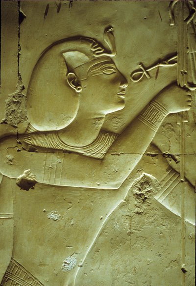 Starověký Egypt, Nástěnná malba/řezba, Seti I. přijímající život, symbolizovaný kotníkem, Chrám Setiho I., Abydos od School Egyptian