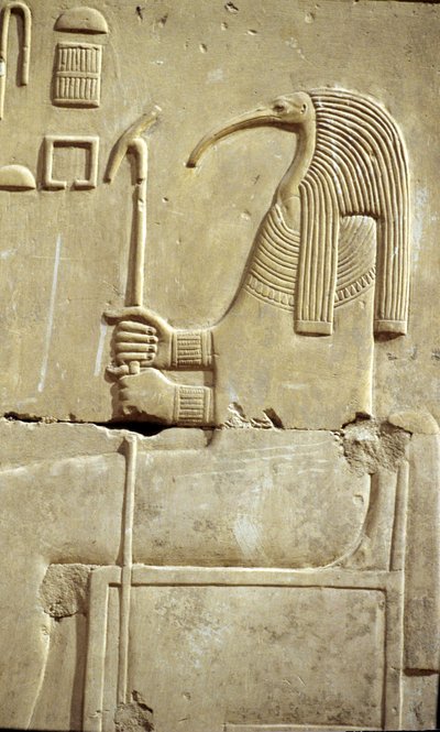 Starověký Egypt, Nástěnná malba/řezba, Bůh Thoth, Chrám Setiho I., Abydos od School Egyptian